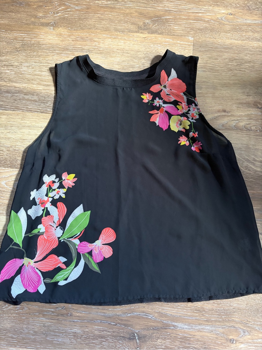 a new day Black Floral Sleeveless Camisole with Pink & Green Flowers